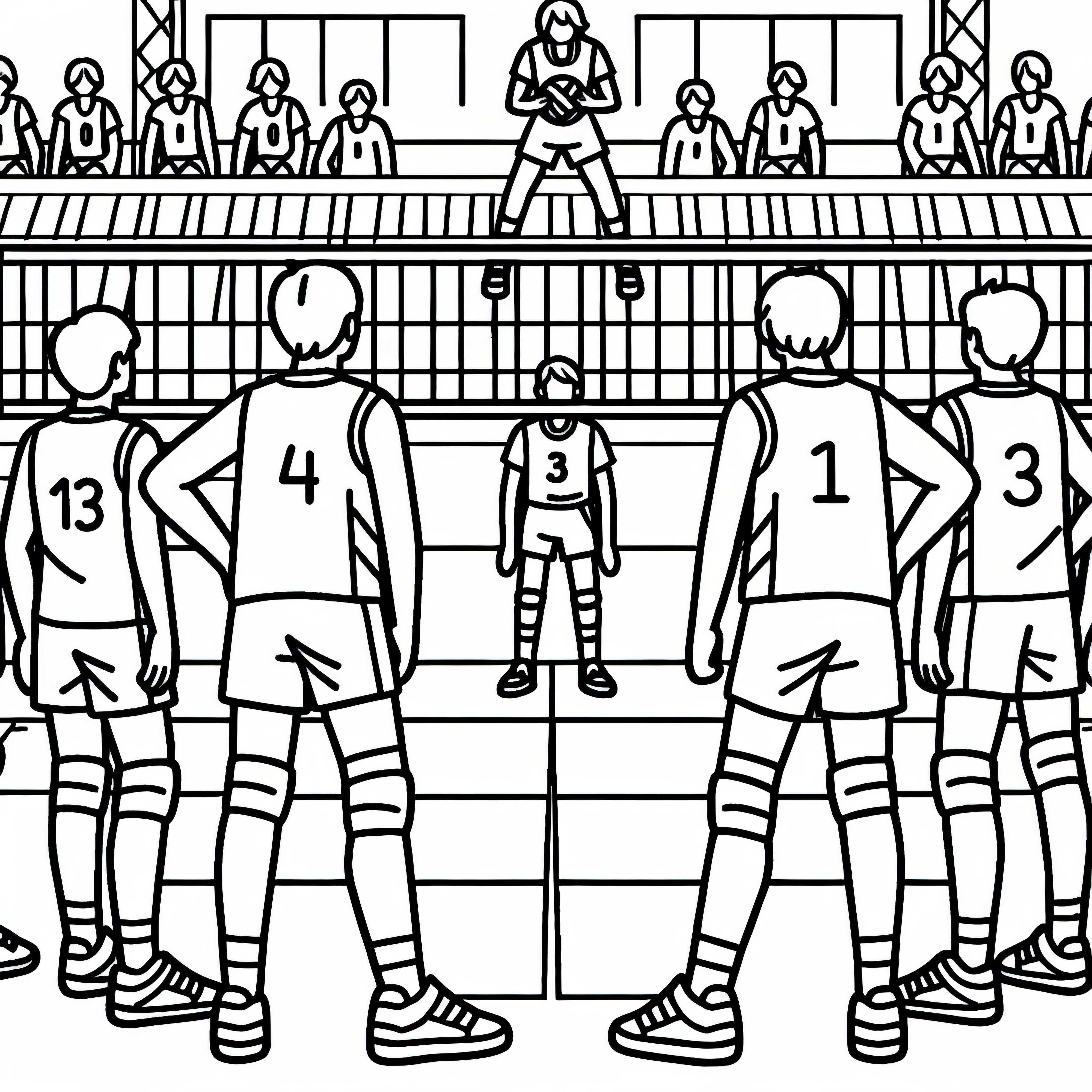 Deux équipes s'affrontent sur le terrain de volley-ball – coloriage gratuit