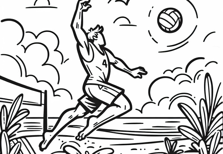 Giocatore di beach volley salta nella sabbia – Disegno da colorare gratuito