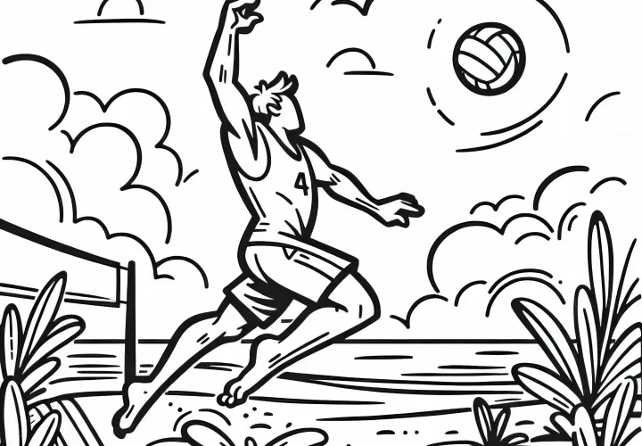 Beach volleyball player jumps in the sand – Free coloring page