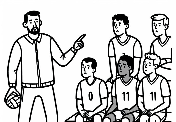 Il trainer dà istruzioni ai giocatori di pallavolo - Pagina da colorare gratuita