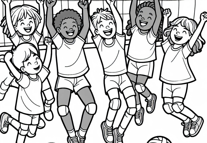 La squadra di pallavolo festeggia un punto – Modello da colorare semplice e gratuito