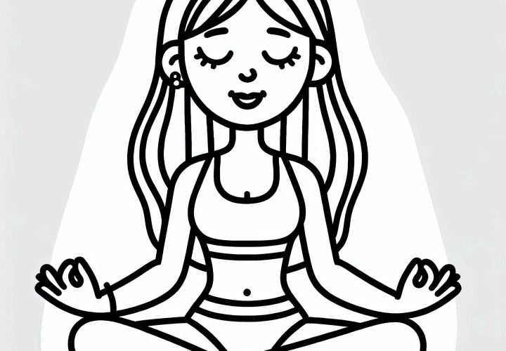 Una mujer está sentada en posición de loto y meditando - Plantilla de dibujo de yoga simple y gratuita