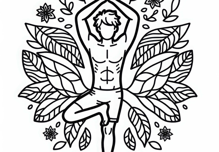 Hombre hace la postura del árbol y se equilibra en una pierna - plantillas de dibujo de yoga gratis