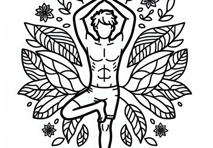 Man does the tree pose and balances on one leg – Free yoga coloring page