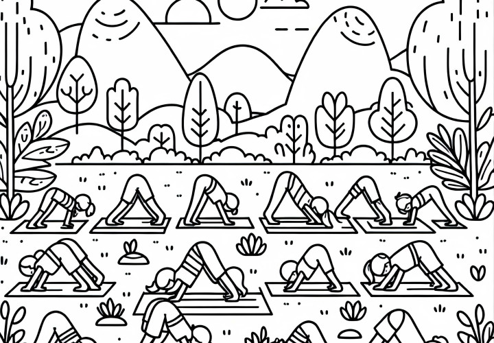 Grupo practica yoga juntos al aire libre - Plantilla para colorear gratis