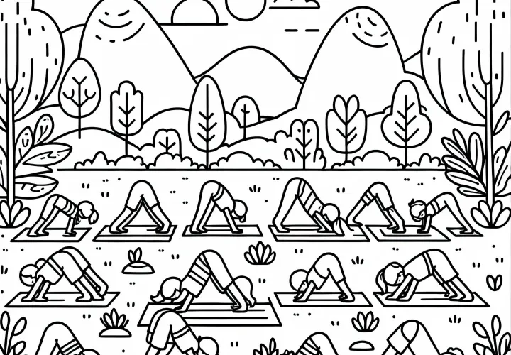 Group practices yoga together outdoors - Coloring page free
