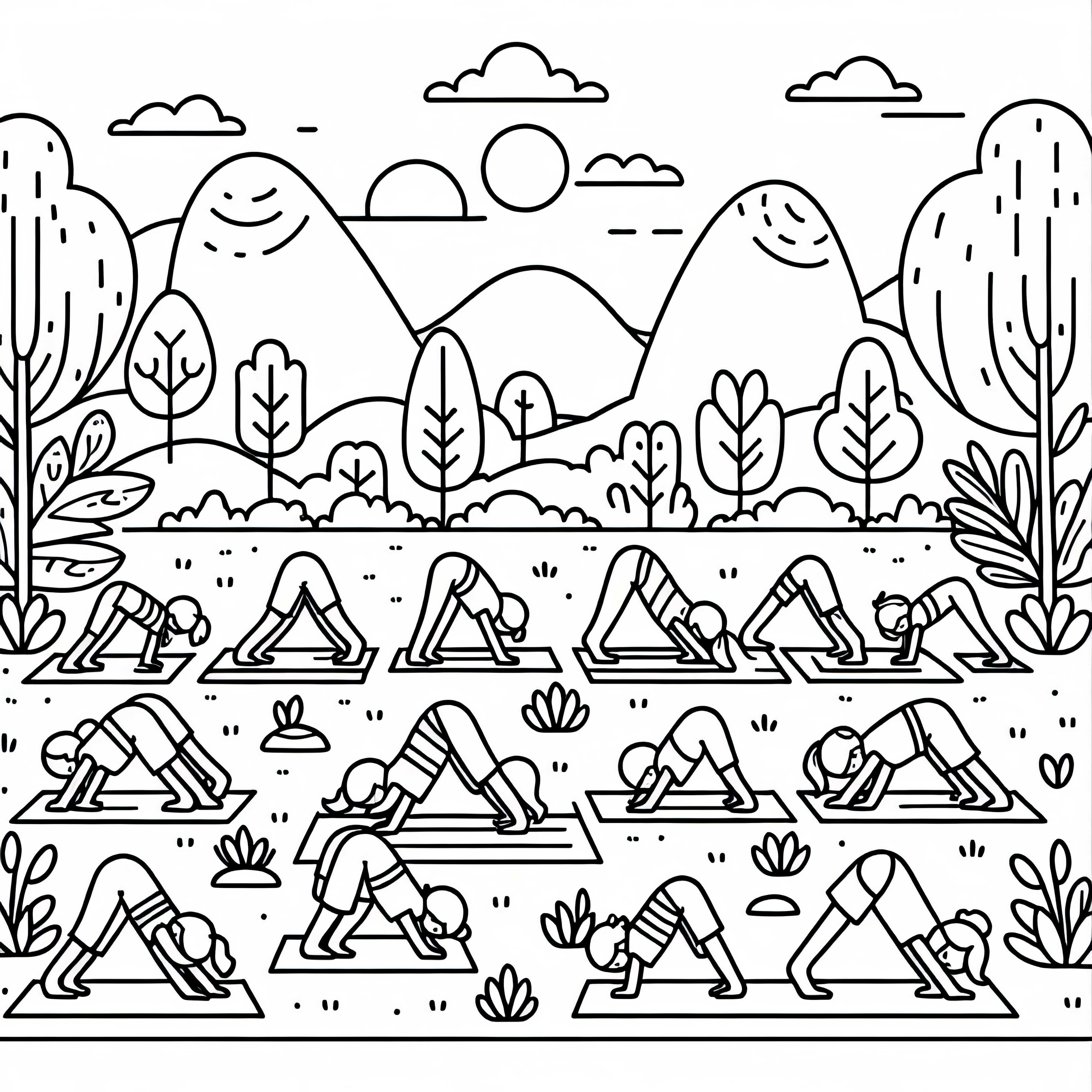 Grupo practica yoga juntos al aire libre - Plantilla para colorear gratuita