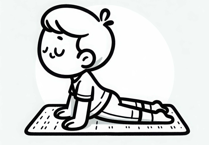 Niño hace la pose de la cobra en la esterilla de yoga – Imagen para colorear gratis