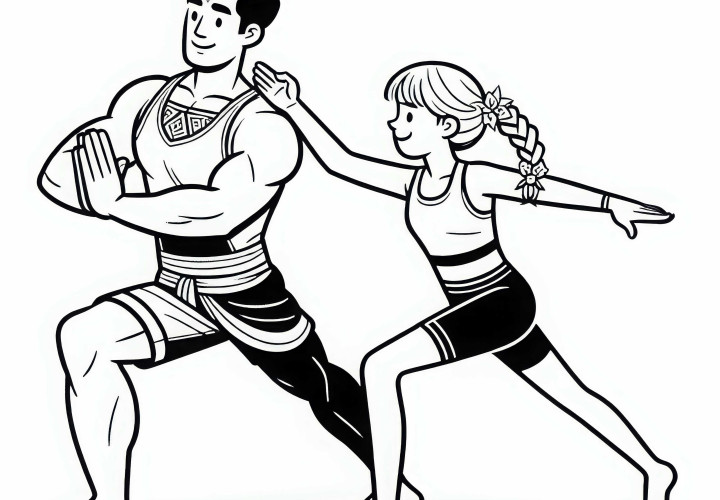 Profesor de yoga muestra a la estudiante la postura de yoga correctamente – Imagen para colorear gratis