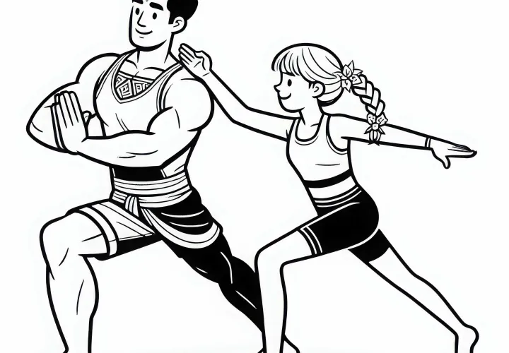 Yoga teacher shows student yoga pose correctly – Free coloring page