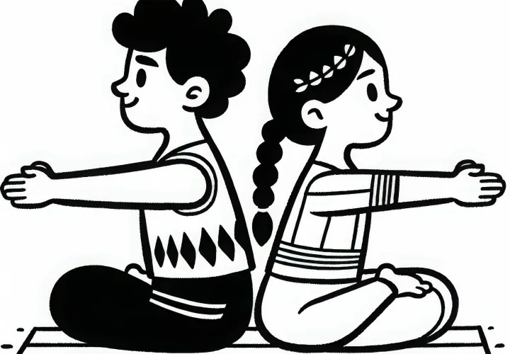 Two friends sit back to back and stretch – Free yoga coloring page