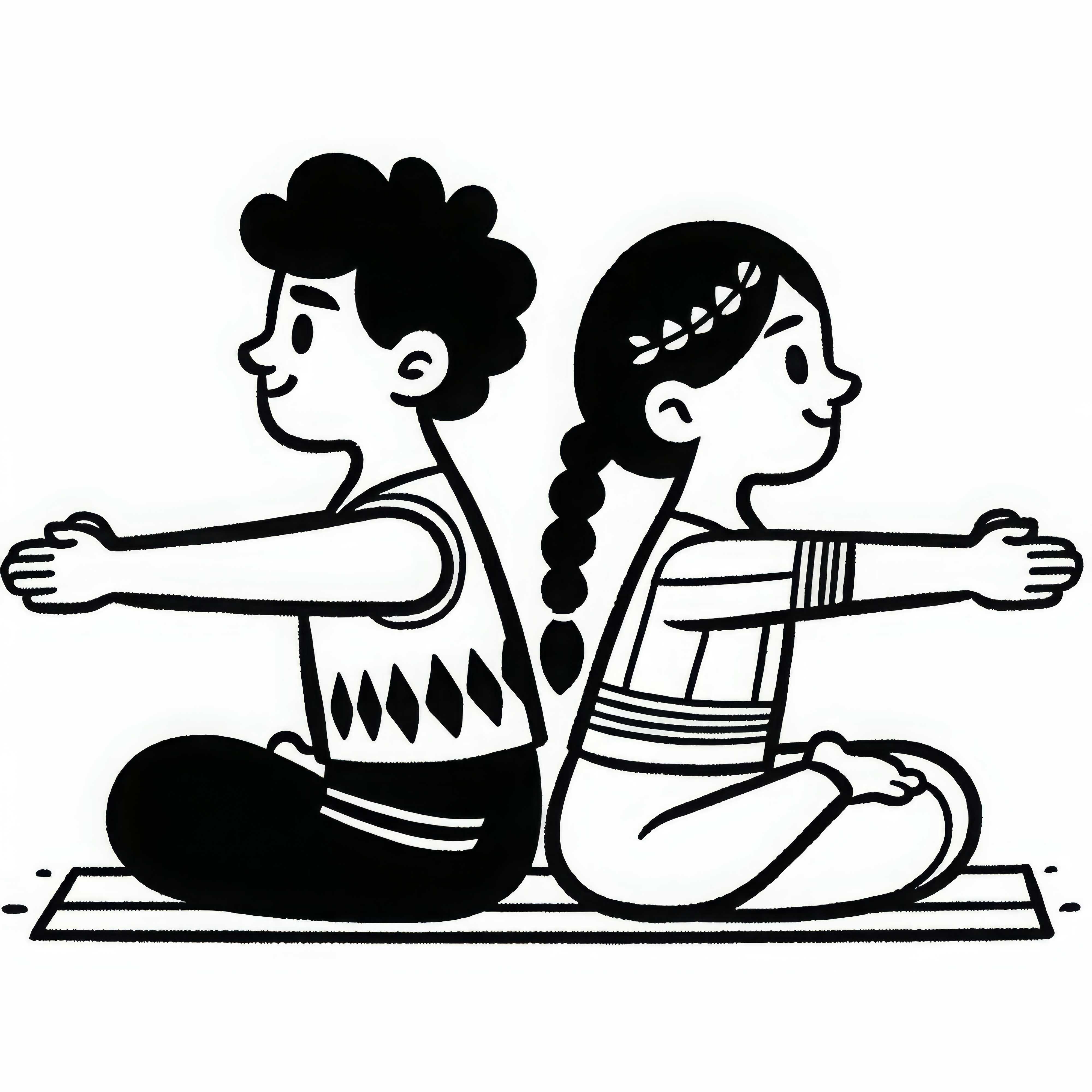 Dos amigos están sentados espalda con espalda y se estiran – dibujo para colorear de yoga gratis