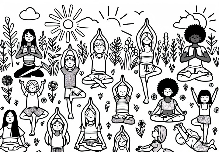 Grupo practica yoga en el césped - Dibujo para colorear gratis