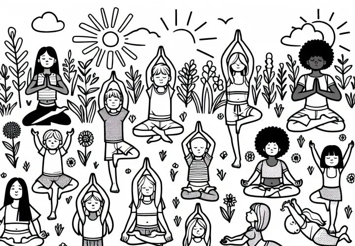 Group practicing yoga on a meadow – Free coloring page