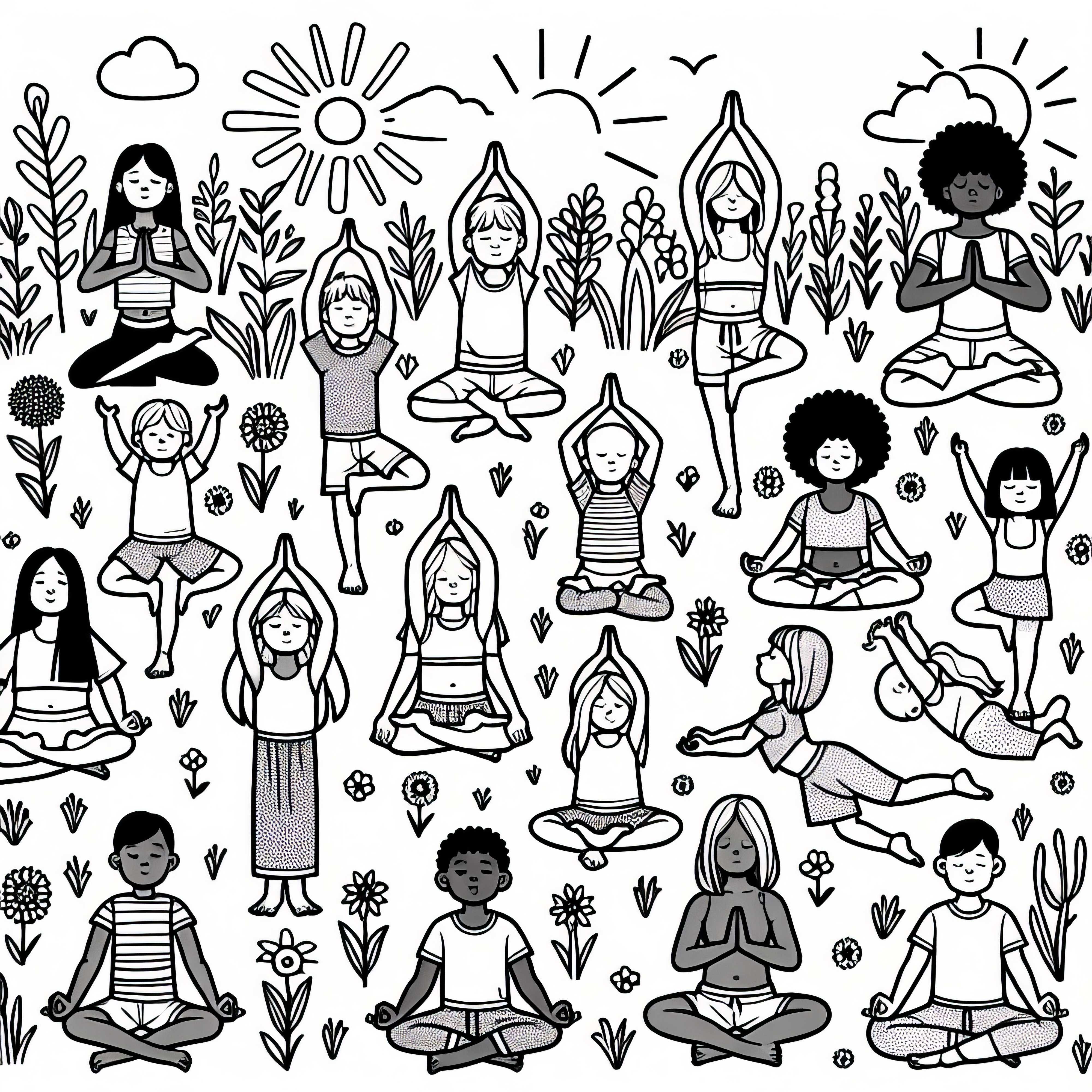 Grupo practica yoga en el campo - Dibujo para colorear gratis