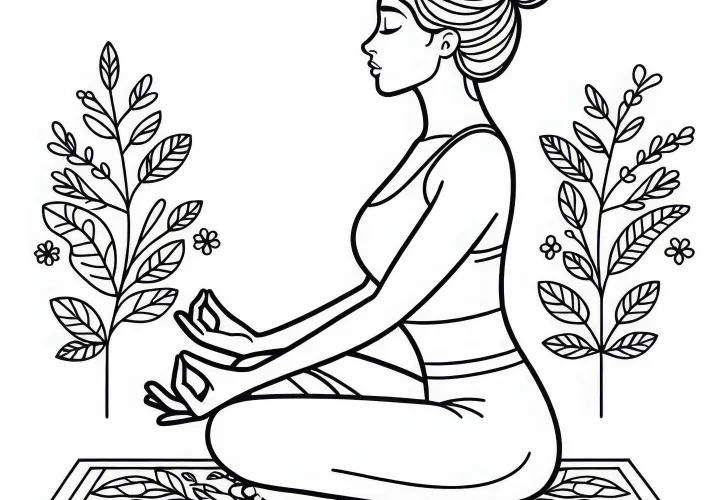 Woman in Lotus pose and taking a deep breath – Free yoga coloring page