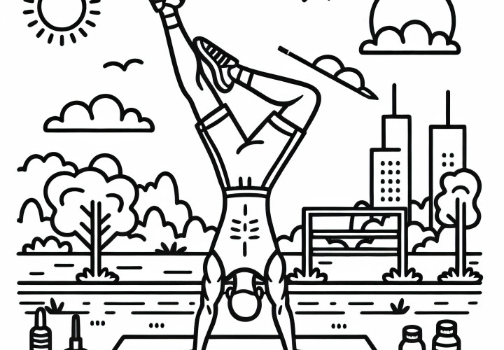 Hombre hace una inversión en la esterilla - Dibujo para colorear de yoga simple y gratuito