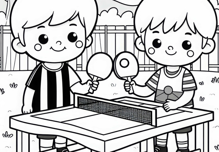 Dos amigos juegan al tenis de mesa en el parque – Dibujo para colorear fácil y gratuito