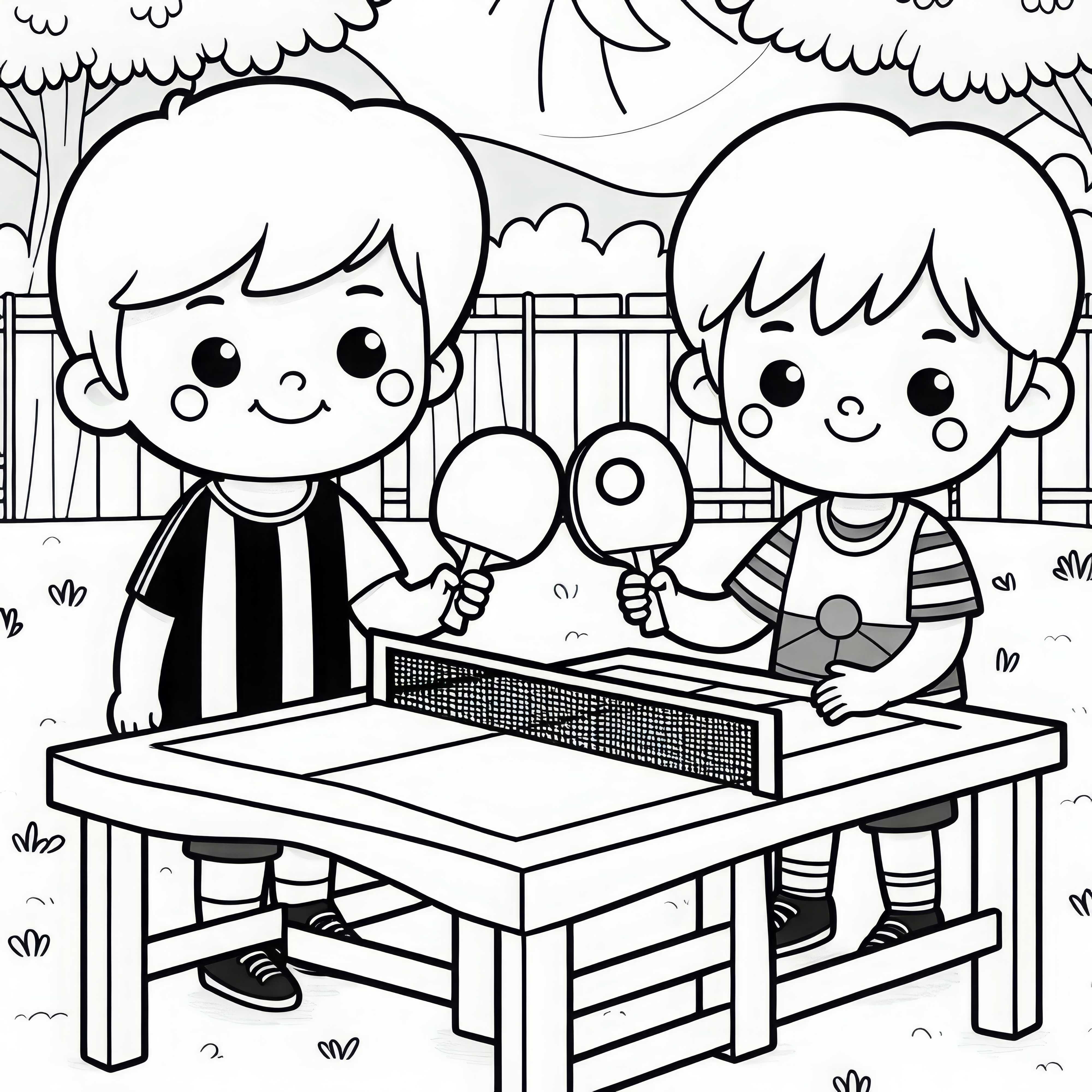 Dos amigos juegan al ping pong en el parque - Dibujo para colorear fácil y gratuito