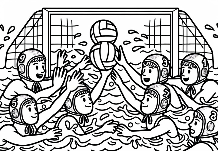 Zwei Teams kämpfen um Wasserball - Ausmalbild kostenlos