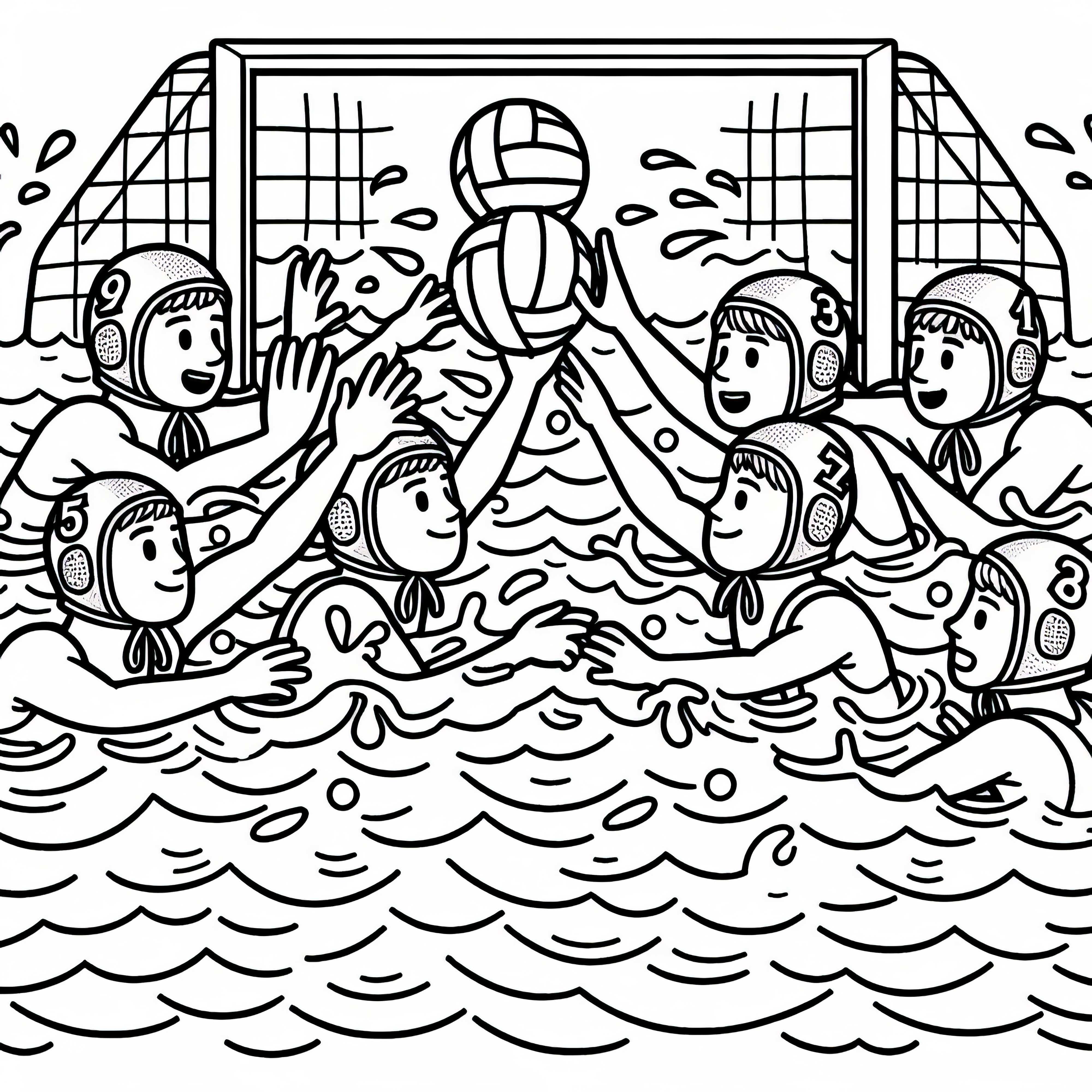 Zwei Teams kämpfen um Wasserball - Ausmalbild kostenlos