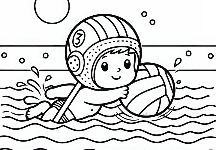 Player swims with ball under the arm – coloring page simple and free