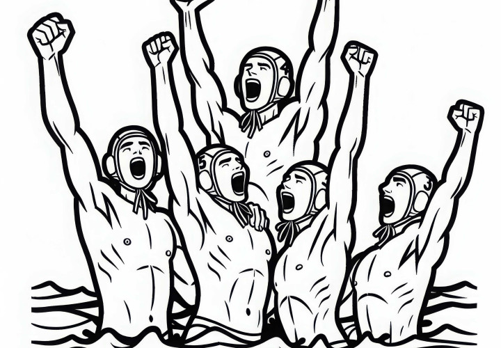 수영공 챔피언들이 경기 후 환호 – 무료 색칠하기 그림