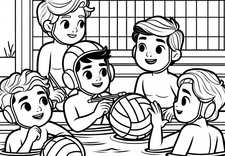 Water polo team discusses strategy during a break - Free coloring page