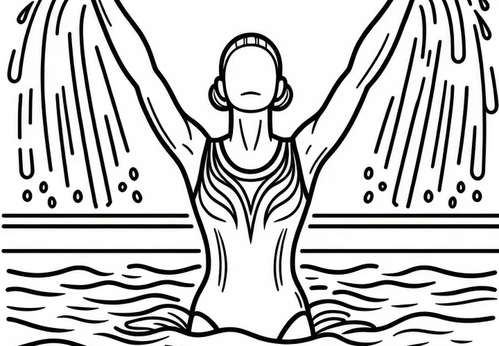 Synchron swimmer rises from the water with outstretched arms - free coloring page