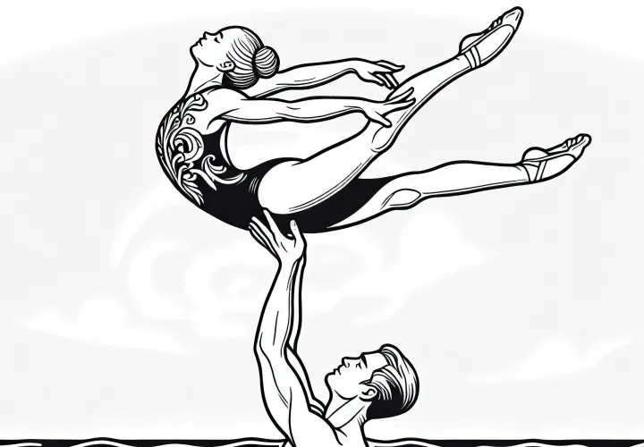 Synchron swimmer elegantly lifts partner above the water's surface - Free coloring page
