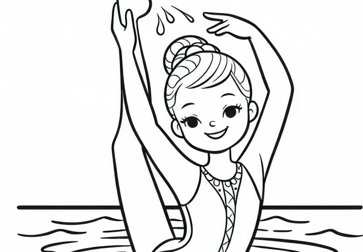 Synchron swimmer smiles during a pose – coloring page free of charge