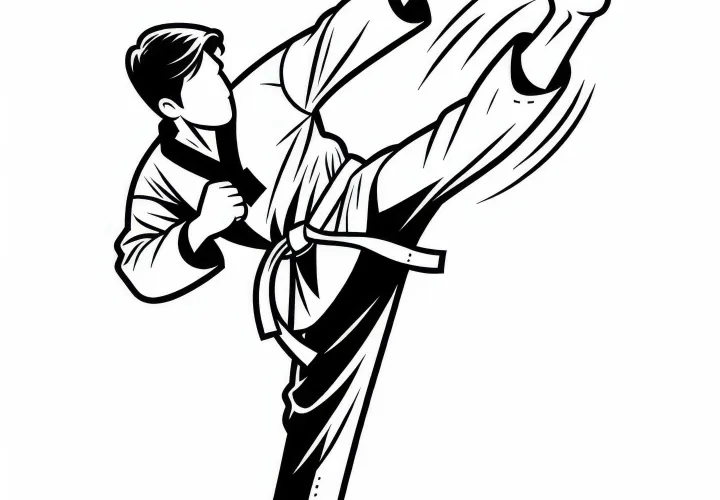 Taekwondo fighter performs a spectacular spinning kick – free coloring template