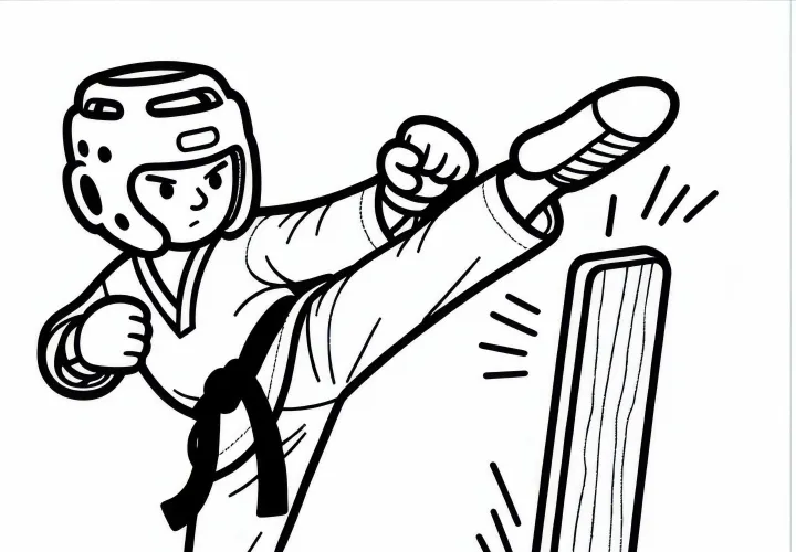 Taekwondo athlete breaks wood board with a precise strike - Free coloring page