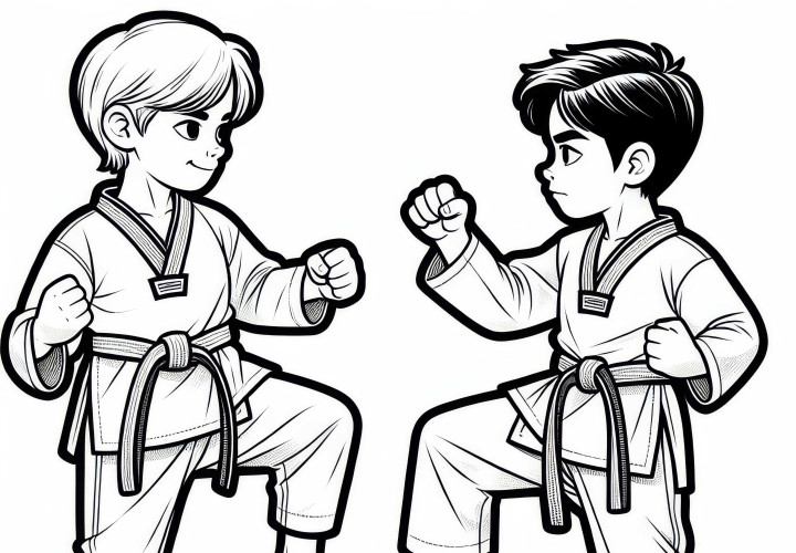 Zwei Taekwondo Kämpfer Stehen Sich In Kampfstellung Gegenüber – Ausmalbild Kostenlos Zwei Taekwondo Kämpfer Stehen Sich In Kampfstellung Gegenüber – Ausmalbild Kostenlos