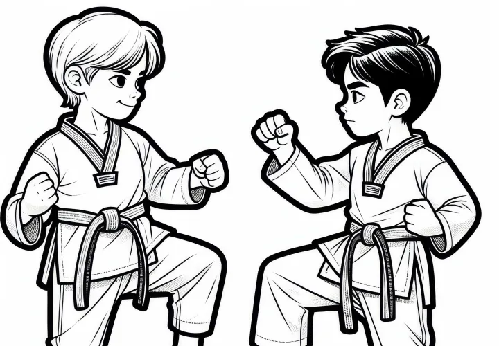 Two Taekwondo fighters face each other in a fighting stance – Free coloring page