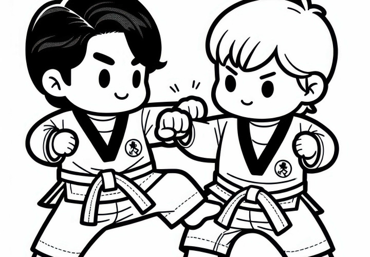 Dua petarung Taekwondo memblokir dan membalas - Template pewarna gratis Dua petarung Taekwondo memblokir dan melakukan serangan balik – Gambar untuk diwarnai Gratis