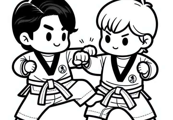 Two Taekwondo fighters block and counter – Free coloring page