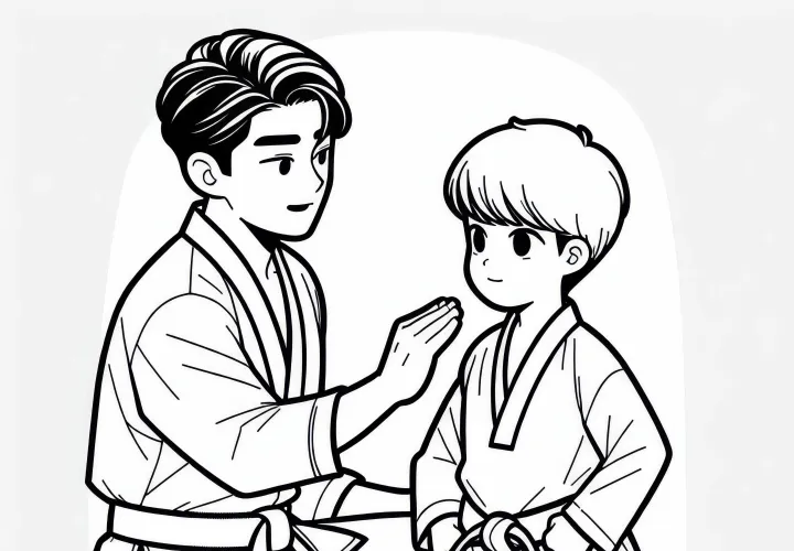 Taekwondo coach gives students tips for perfect technique – free coloring page