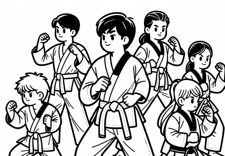 Group of Taekwondo athletes practicing Taekwondo – coloring page free
