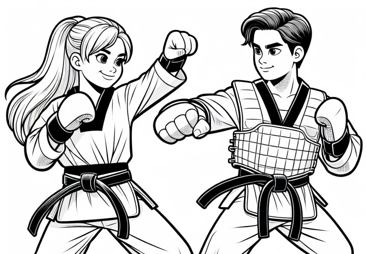 Dua pesilat Taekwondo mengenakan peralatan pelindung – Gambar untuk diwarnai Gratis