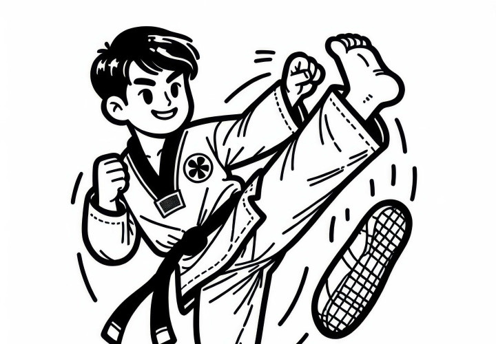 Petarung Taekwondo Melakukan Tendangan Tinggi - Template Mewarnai Gratis