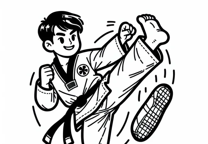 Taekwondo Fighter Executes High Kick - Free Coloring Page