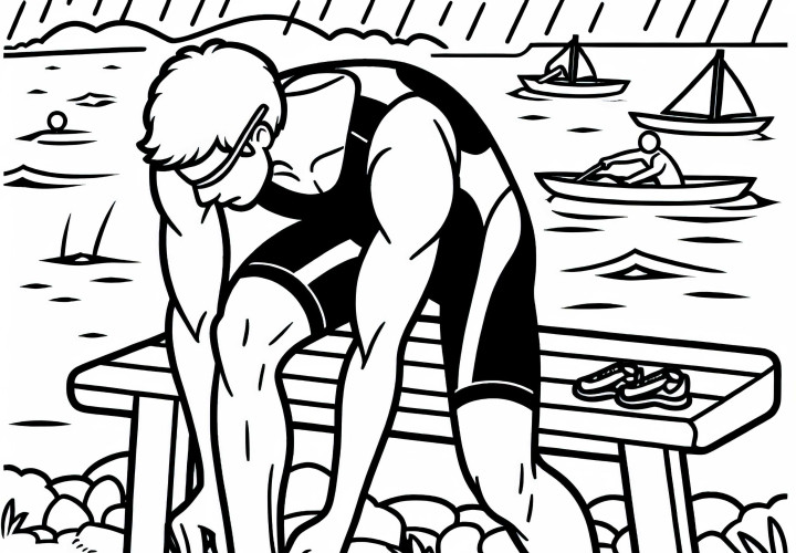 Triathlet zieht in Wechselzone Laufschuhe an – Ausmalbild kostenlos