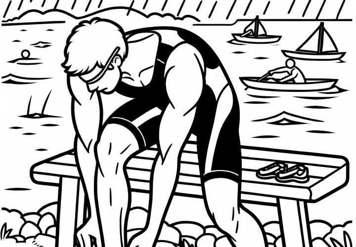 Triathlete puts on running shoes in the transition zone – Free coloring page