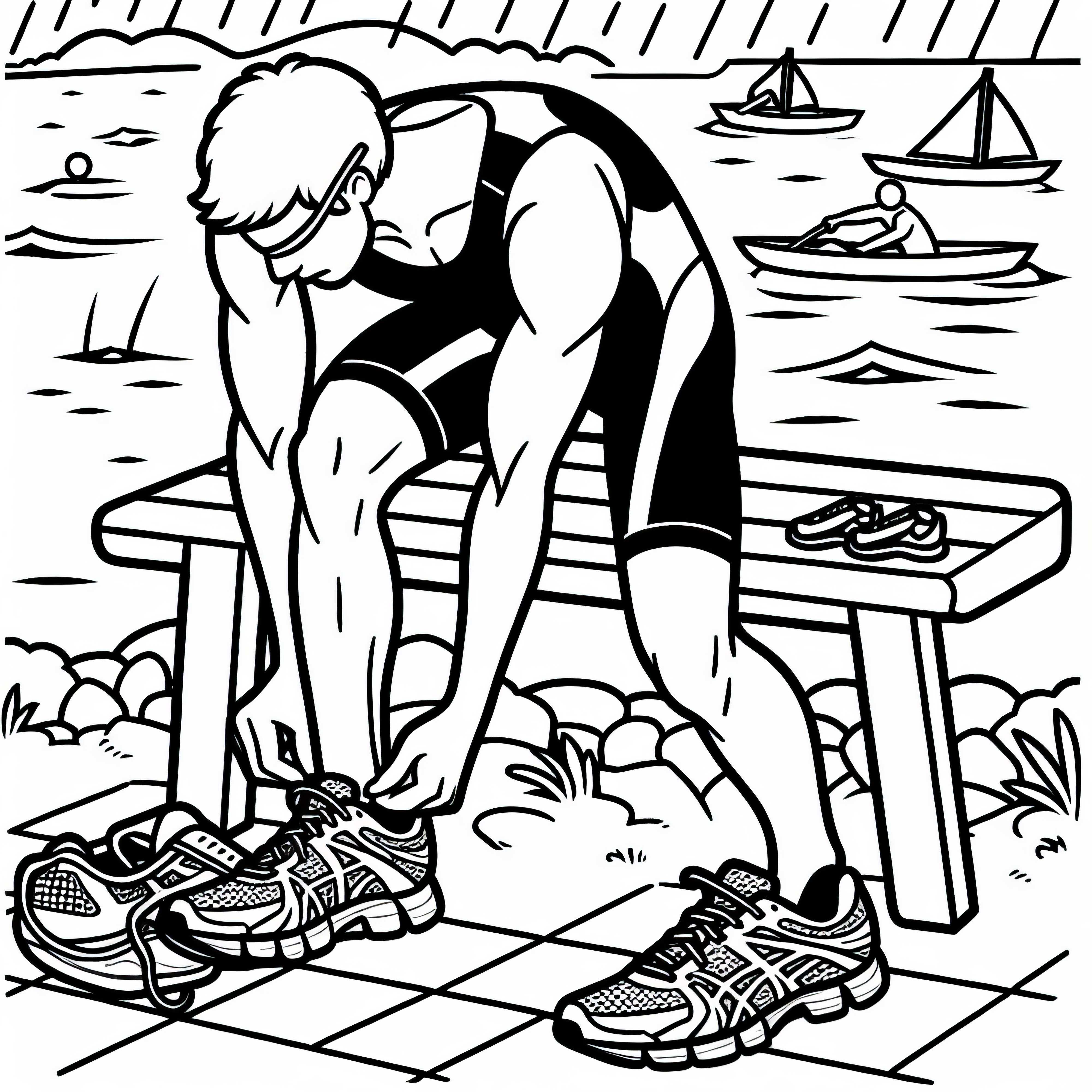 Triathlet zieht in Wechselzone Laufschuhe an – Ausmalbild kostenlos