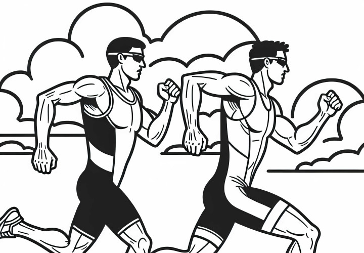 Zwei Konkurrenten überholen sich beim Triathlon im Laufschritt - Malvorlage kostenlos