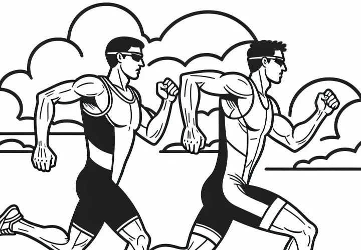 Two competitors overtake each other in a running stride during the triathlon - free coloring page