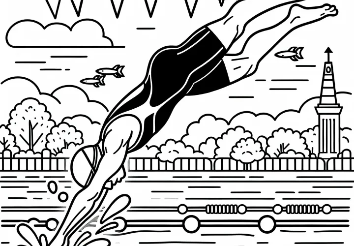 Swimmer Dives into the Water During the Triathlon – Free Coloring Page