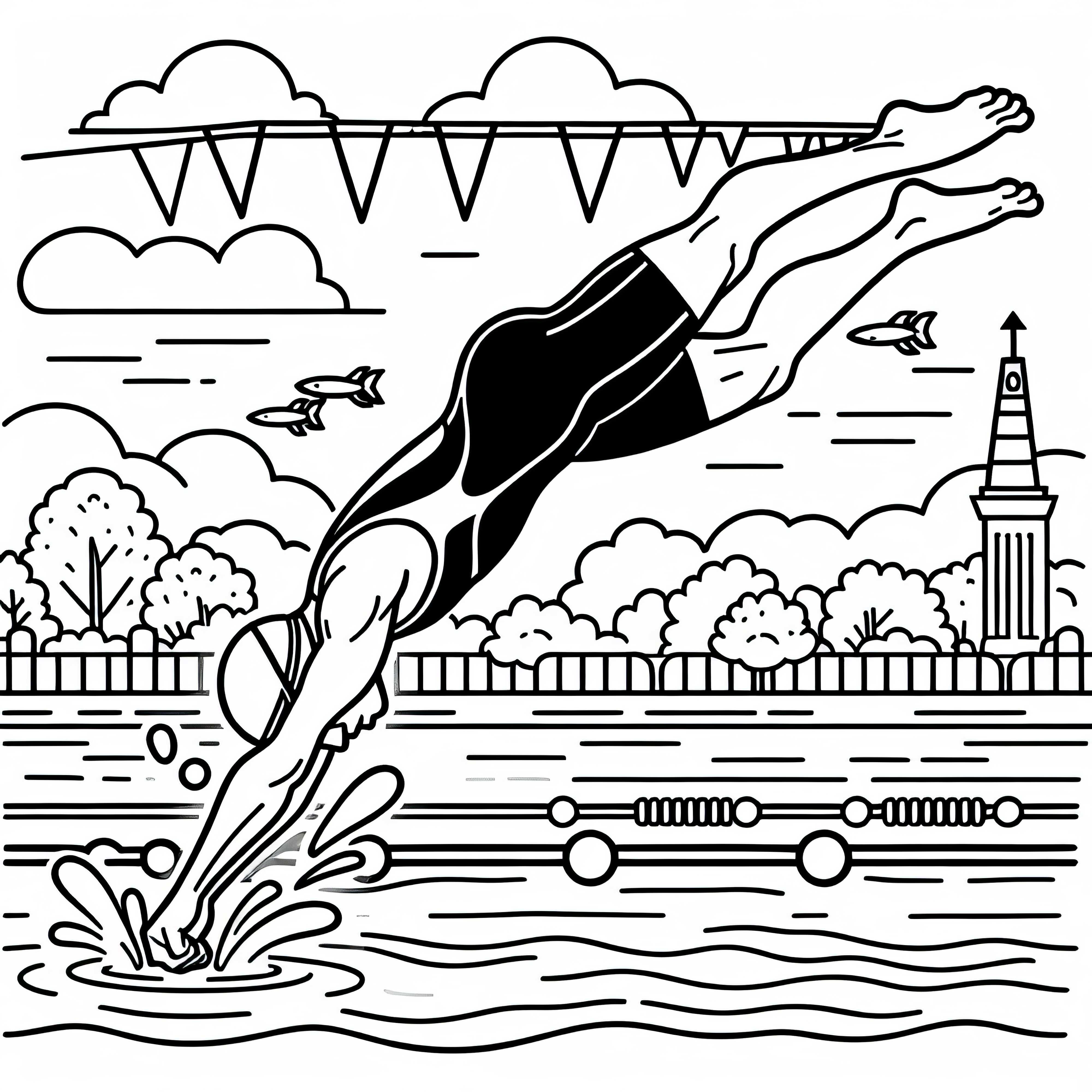 Schwimmer Taucht beim Triathlon ins Wasser – Malvorlage Kostenlos