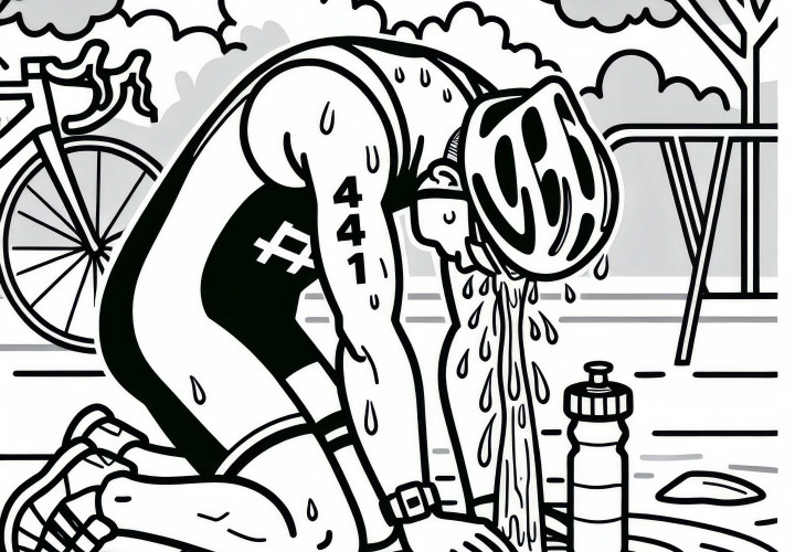 Erschöpfter Athlet kühlt sich beim Triathlon mit Wasser im Zielbereich – Malvorlage gratis